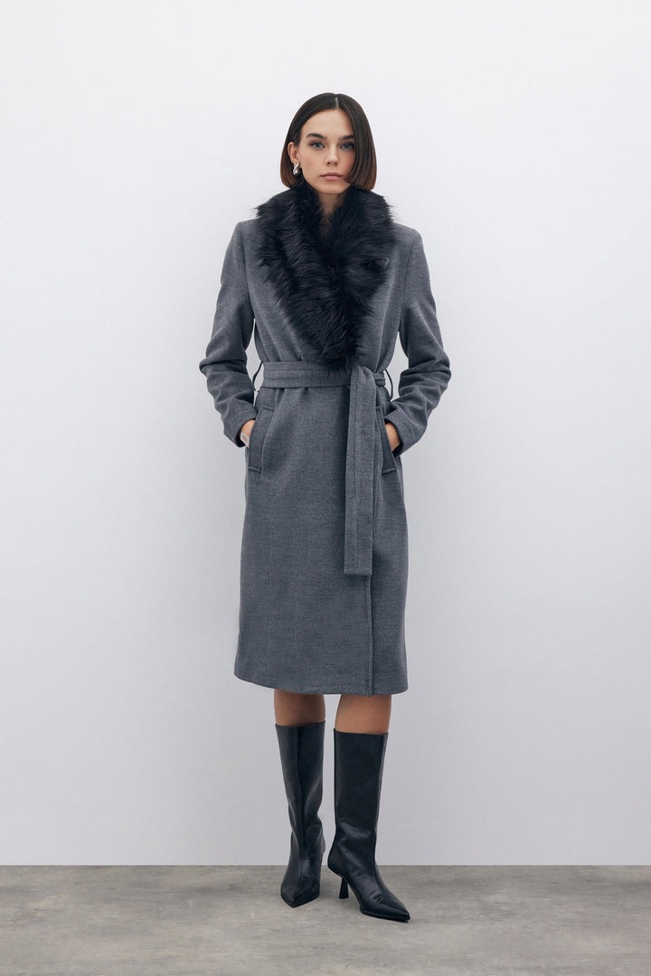 Sateen Manteau en Laine avec Fourrure - Gris