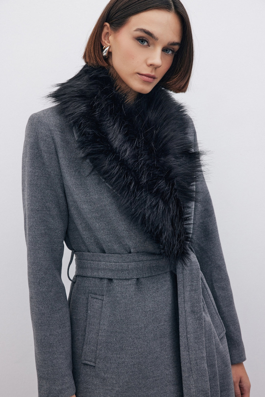 Sateen Manteau en Laine avec Fourrure - Gris