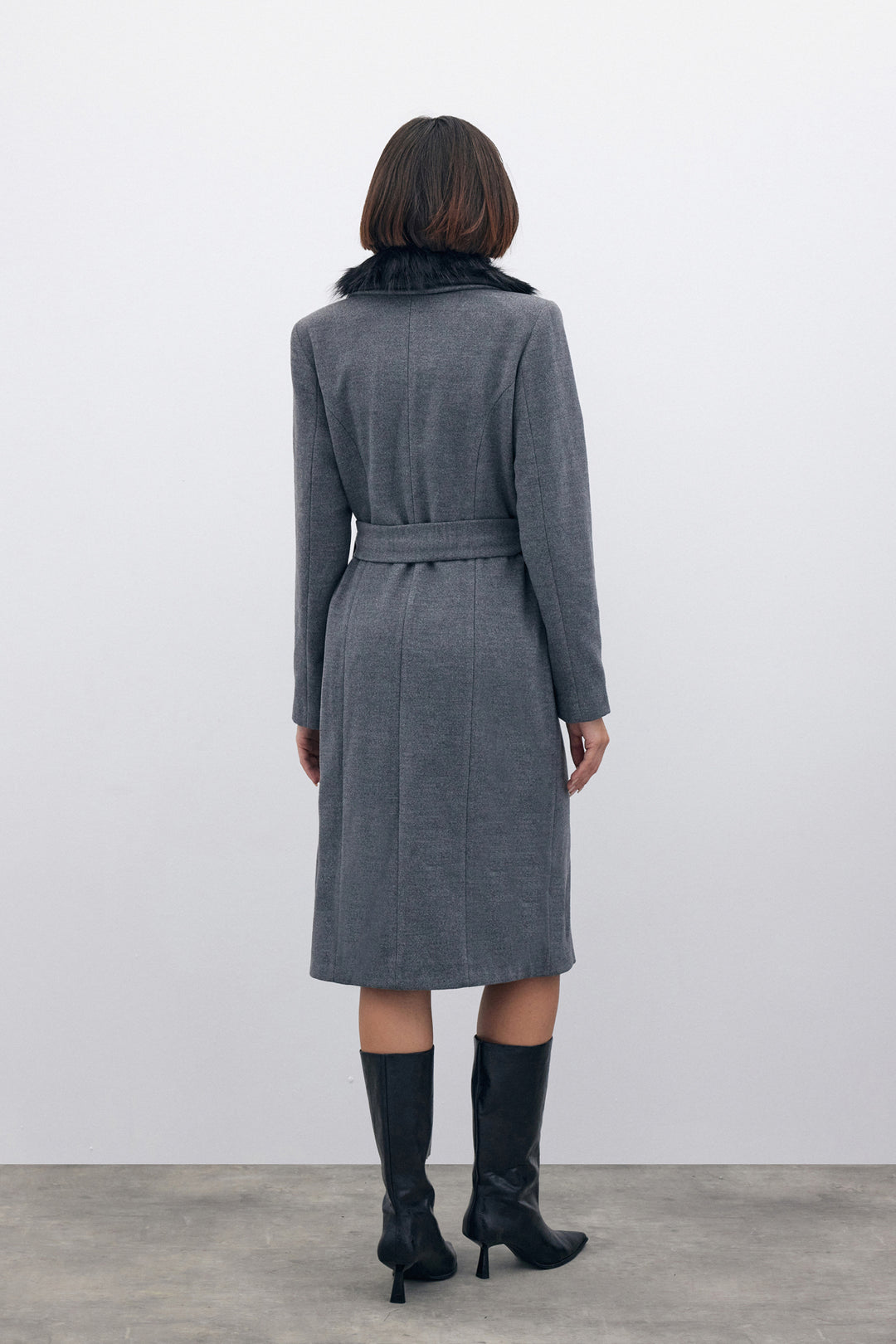 Sateen Manteau en Laine avec Fourrure - Gris