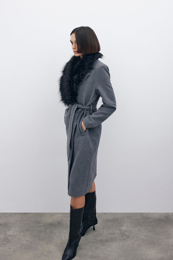 Sateen Manteau en Laine avec Fourrure - Gris