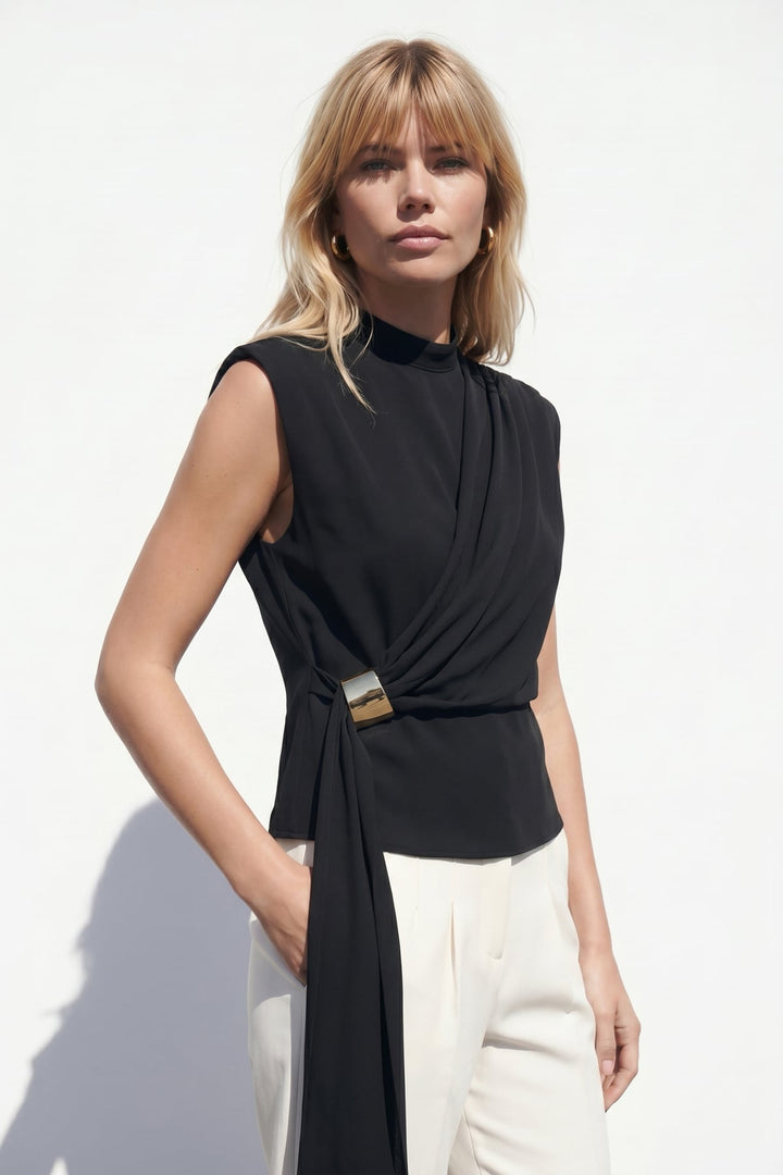 Sateen Blouse avec Détails Accessoires et Ceinture - Noir