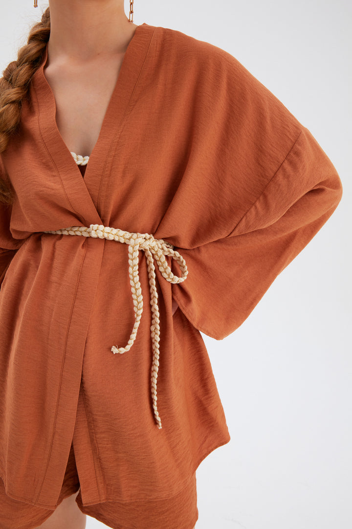 Sateen Kimono ample avec détail de ceinture - Tabac