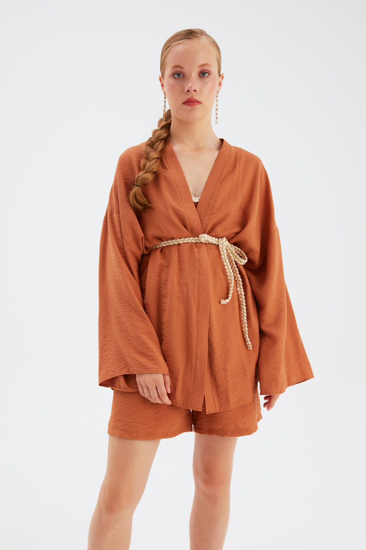 Sateen Kimono ample avec détail de ceinture - Tabac