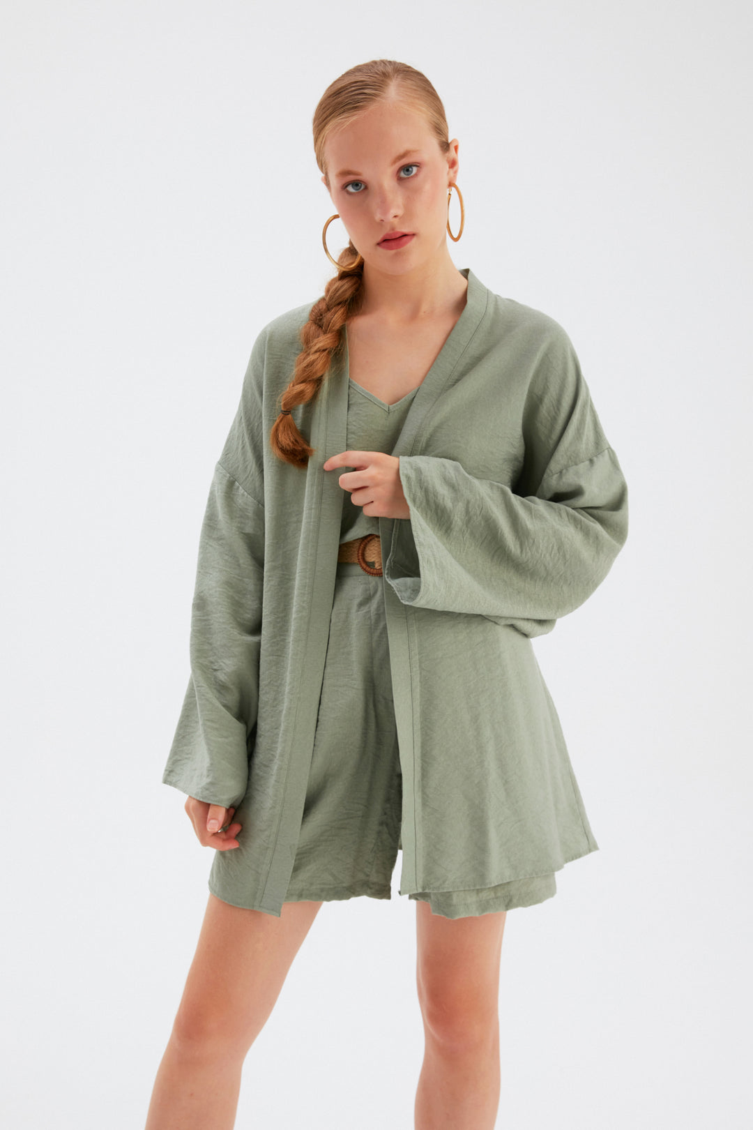 Sateen Kimono ample avec détail de ceinture - Vert