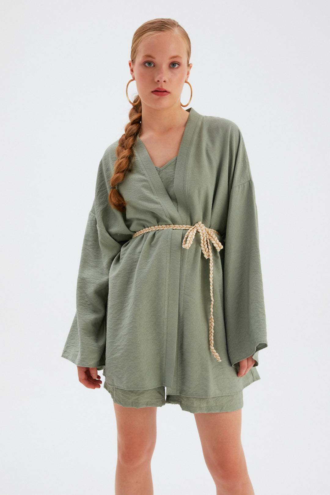 Sateen Kimono ample avec détail de ceinture - Vert