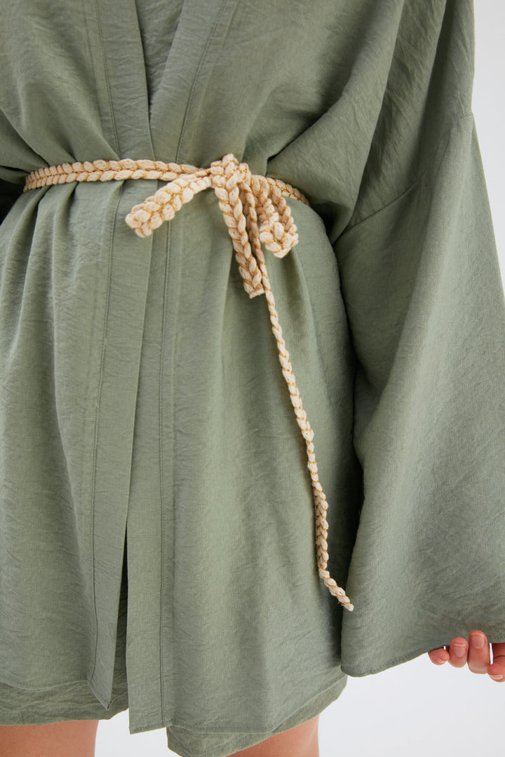 Sateen Kimono ample avec détail de ceinture - Vert