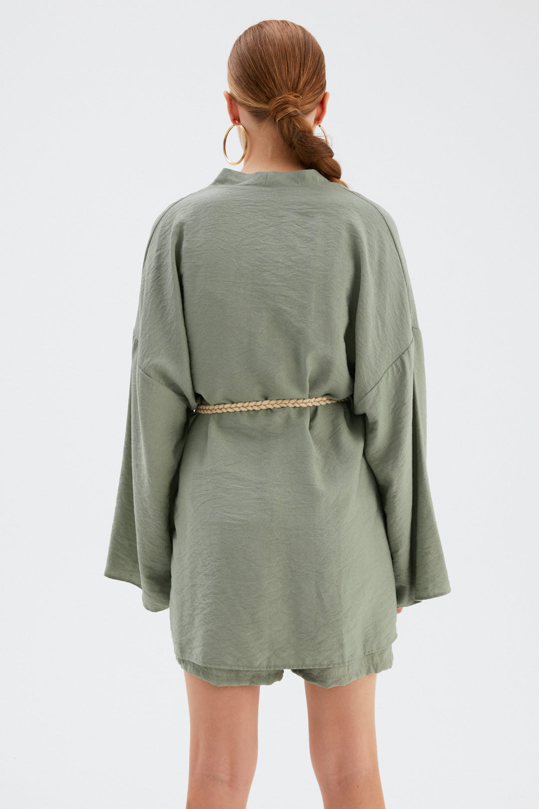 Sateen Kimono ample avec détail de ceinture - Vert