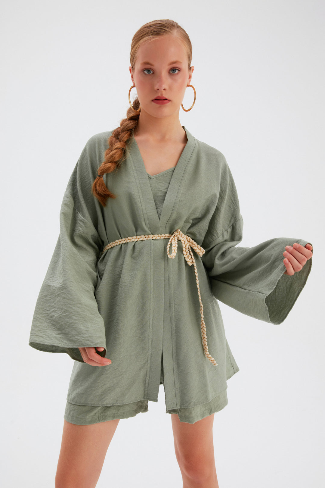 Sateen Kimono ample avec détail de ceinture - Vert