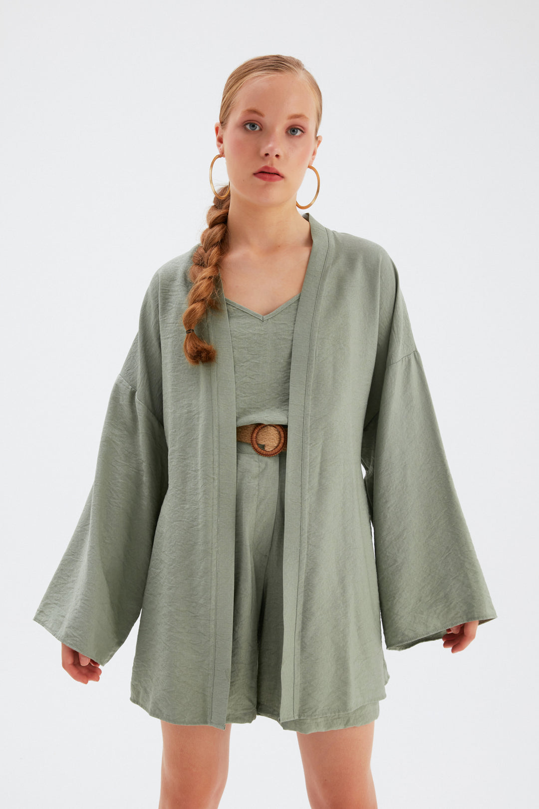 Sateen Kimono ample avec détail de ceinture - Vert