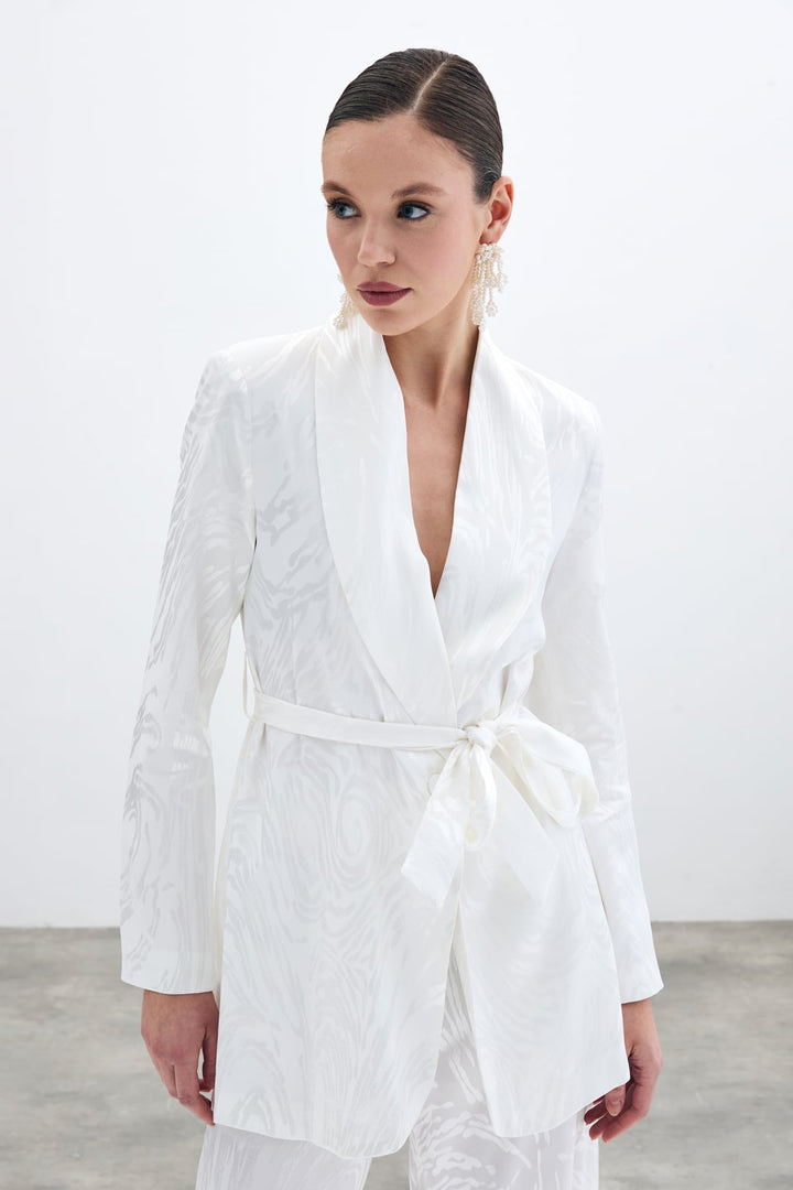 Sateen Veste longue ceinturée - Écru