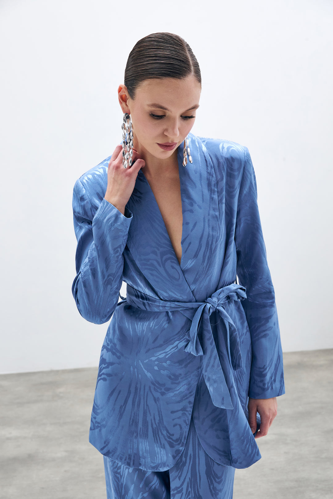 Sateen Veste Longue à Ceinture - Indigo