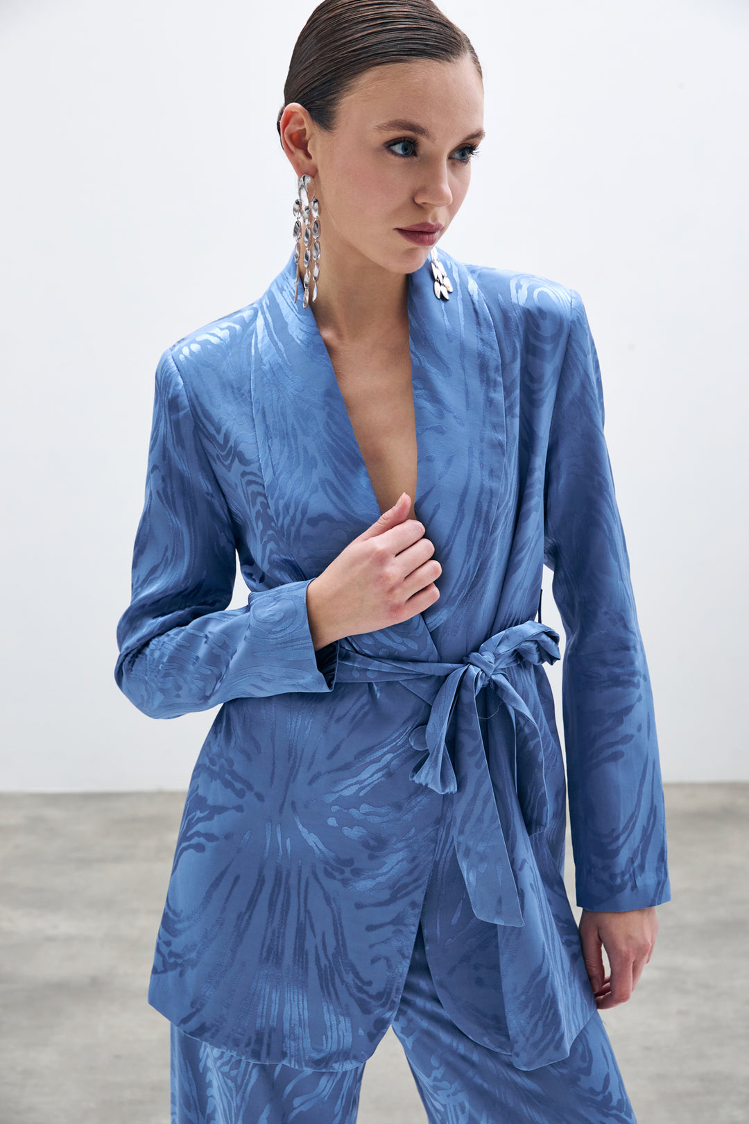 Sateen Veste Longue à Ceinture - Indigo