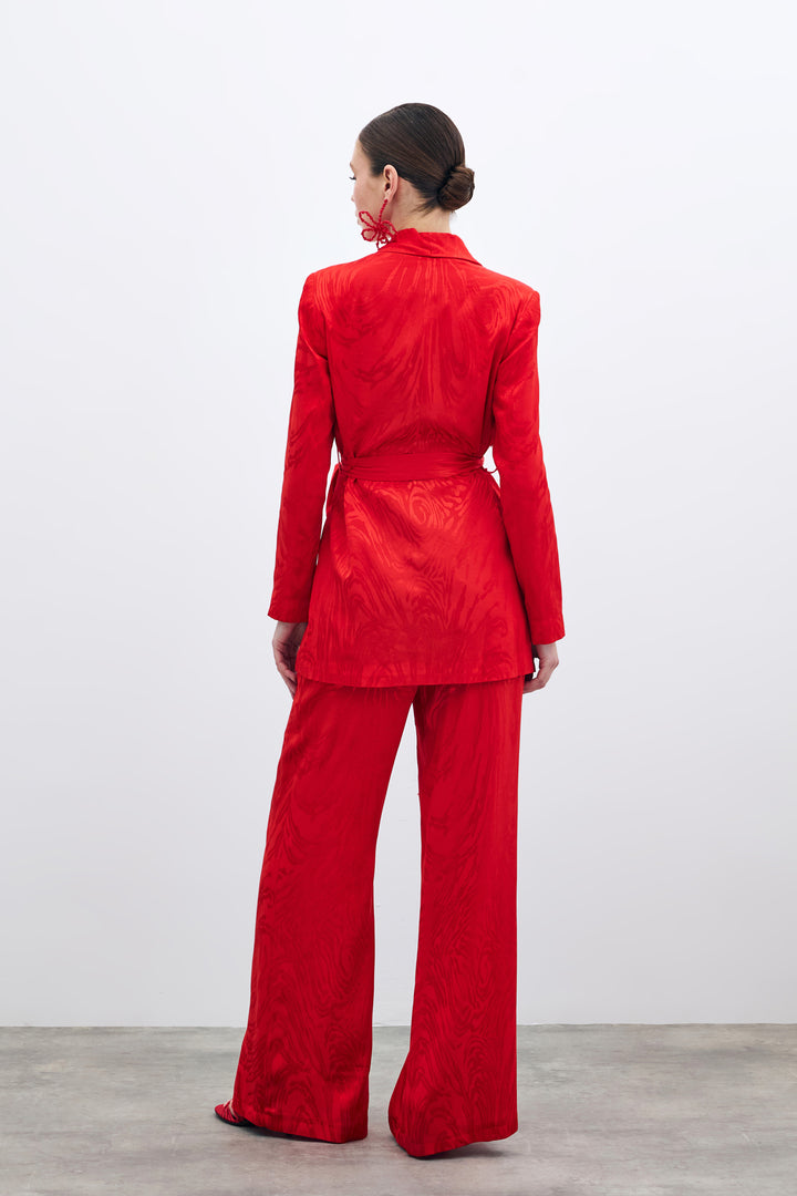 Sateen Veste Longue à Ceinture - Rouge