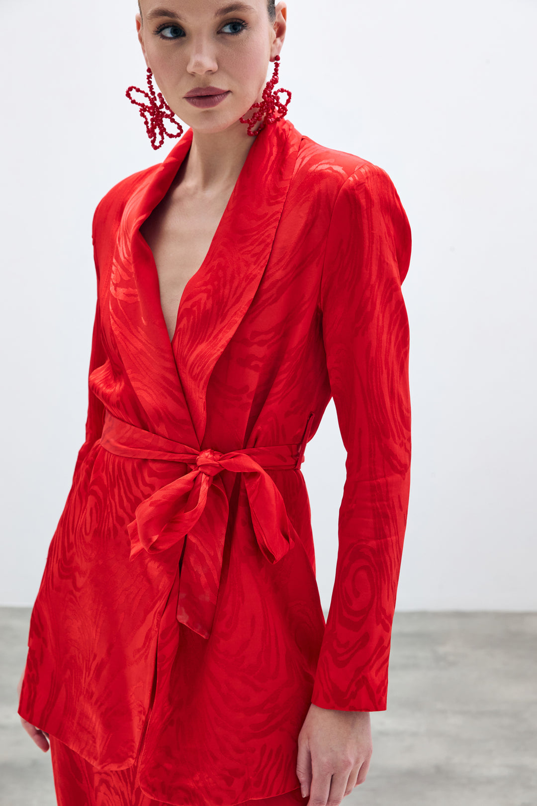 Sateen Veste Longue à Ceinture - Rouge