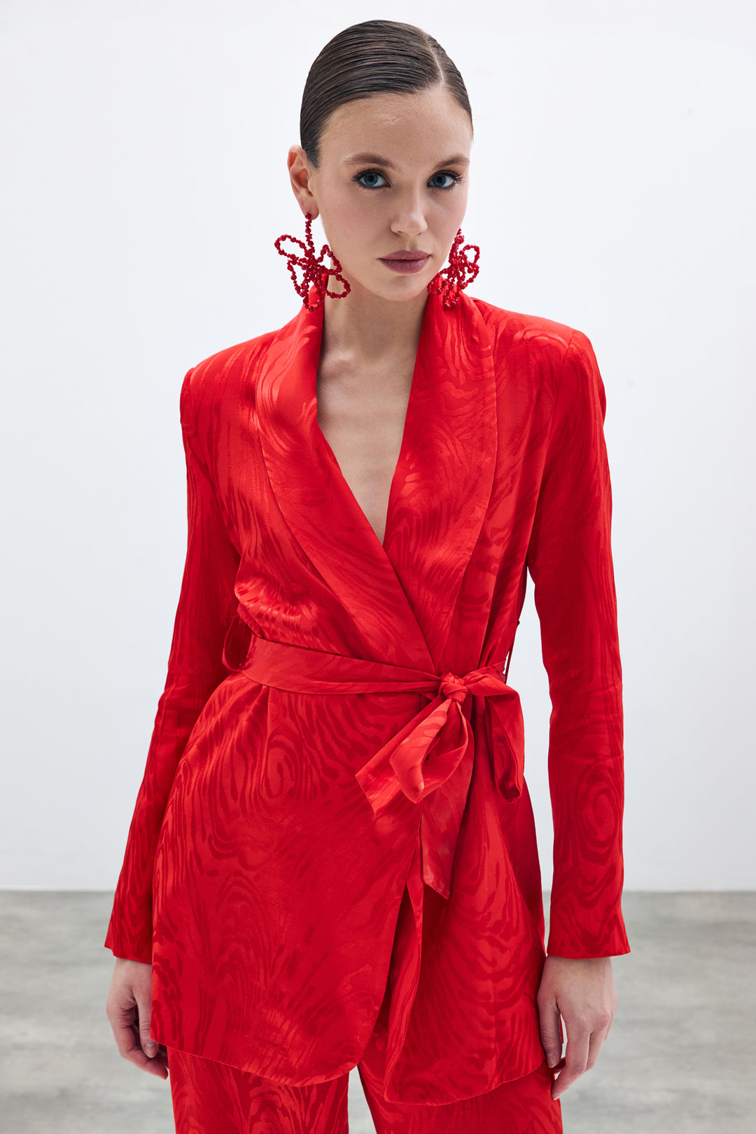 Sateen Veste Longue à Ceinture - Rouge