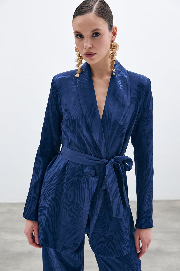 Sateen Veste longue ceinturée - Bleu marine