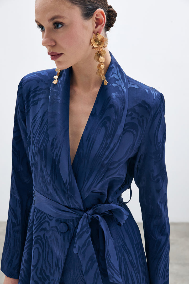 Sateen Veste longue ceinturée - Bleu marine