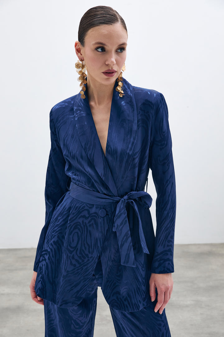 Sateen Veste longue ceinturée - Bleu marine