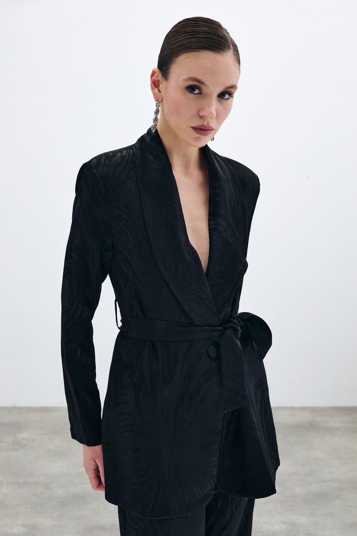 Sateen Veste longue ceinturée - Noir