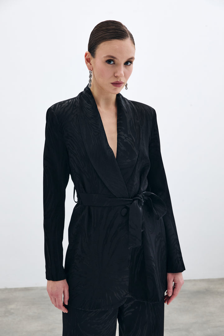 Sateen Veste longue ceinturée - Noir