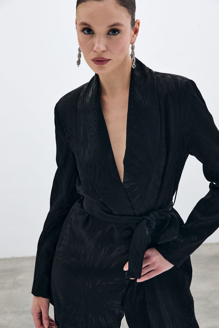 Sateen Veste longue ceinturée - Noir