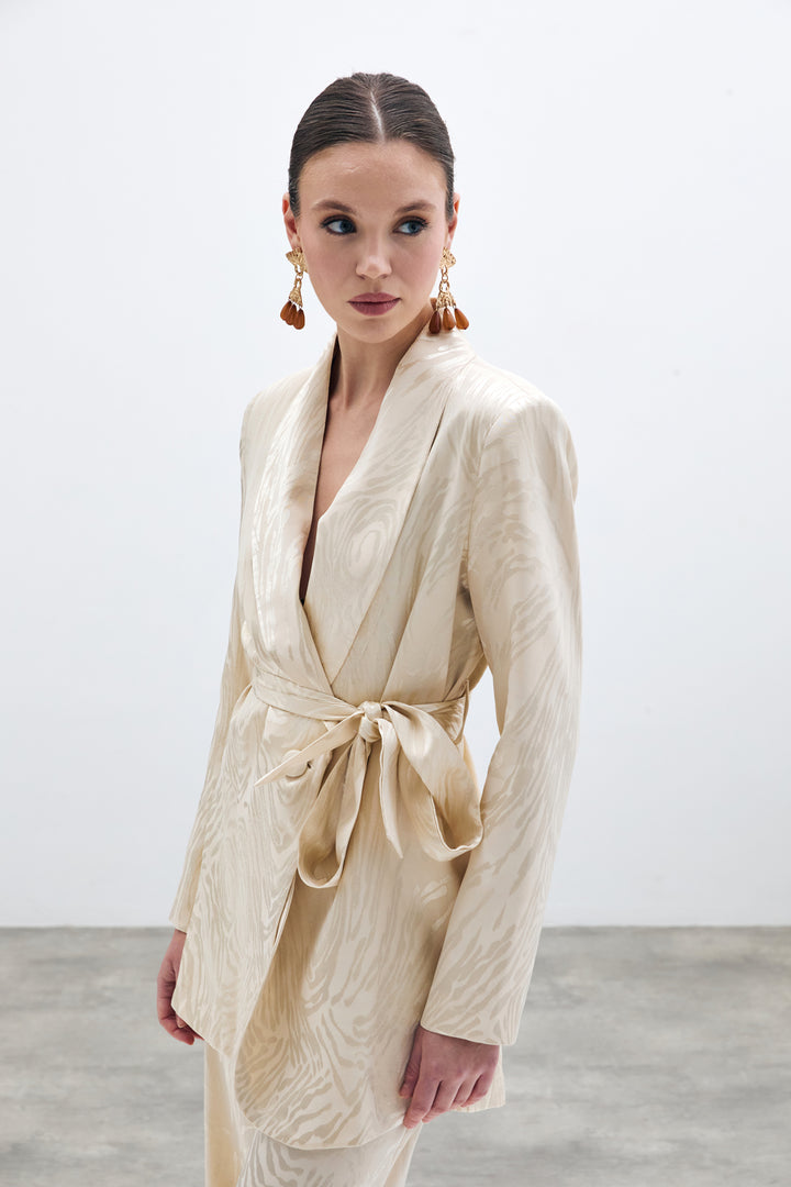 Sateen Veste longue ceinturée - Pierre