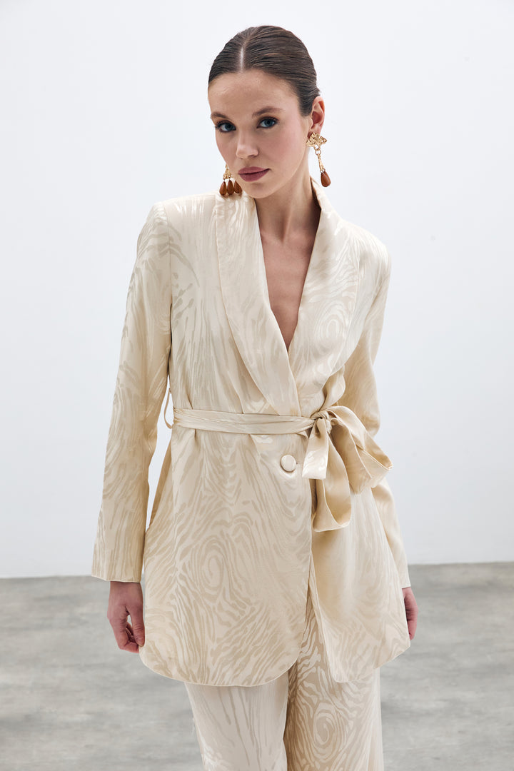 Sateen Veste longue ceinturée - Pierre