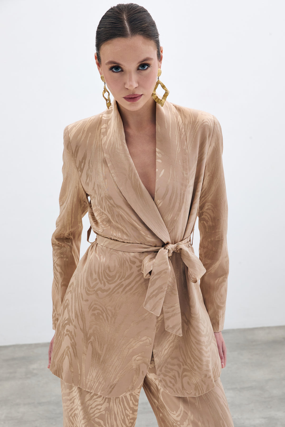 Sateen Veste Longue à Ceinture - Vison