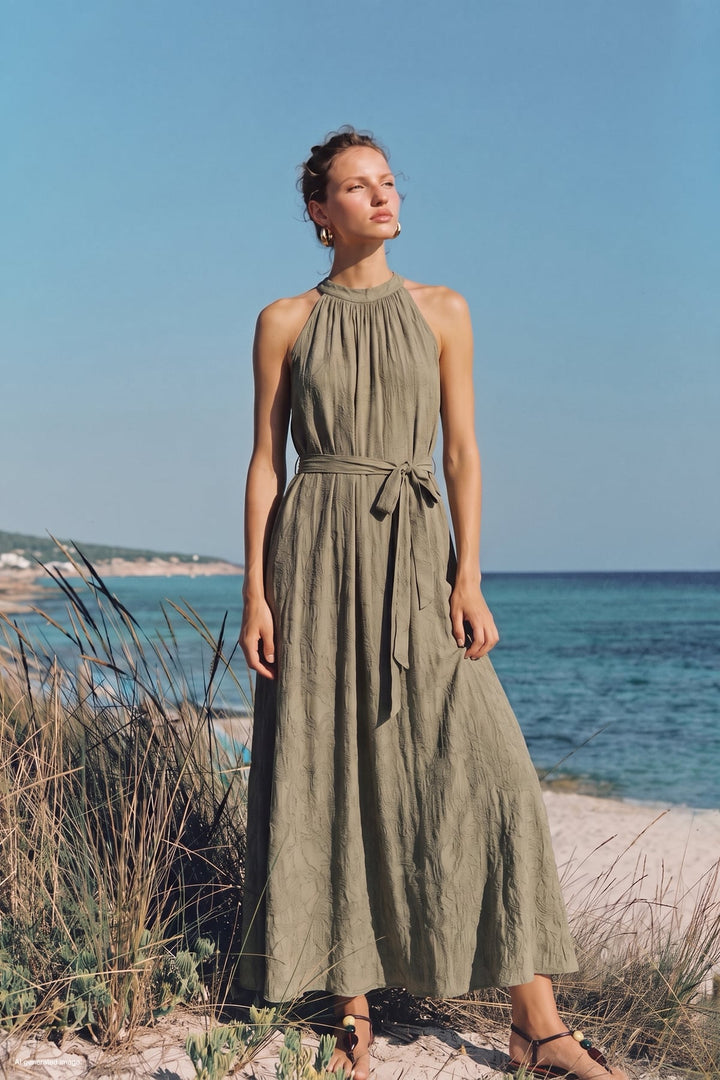 Sateen Robe Ceinturée - Kaki