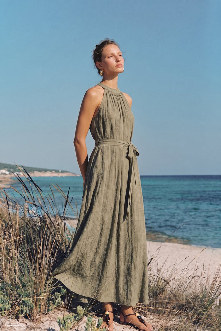 Sateen Robe Ceinturée - Kaki