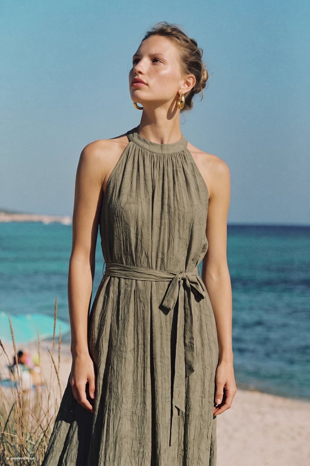 Sateen Robe Ceinturée - Kaki