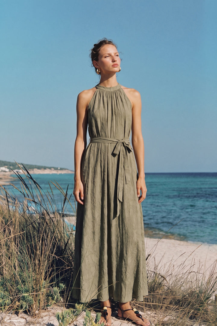 Sateen Robe Ceinturée - Kaki