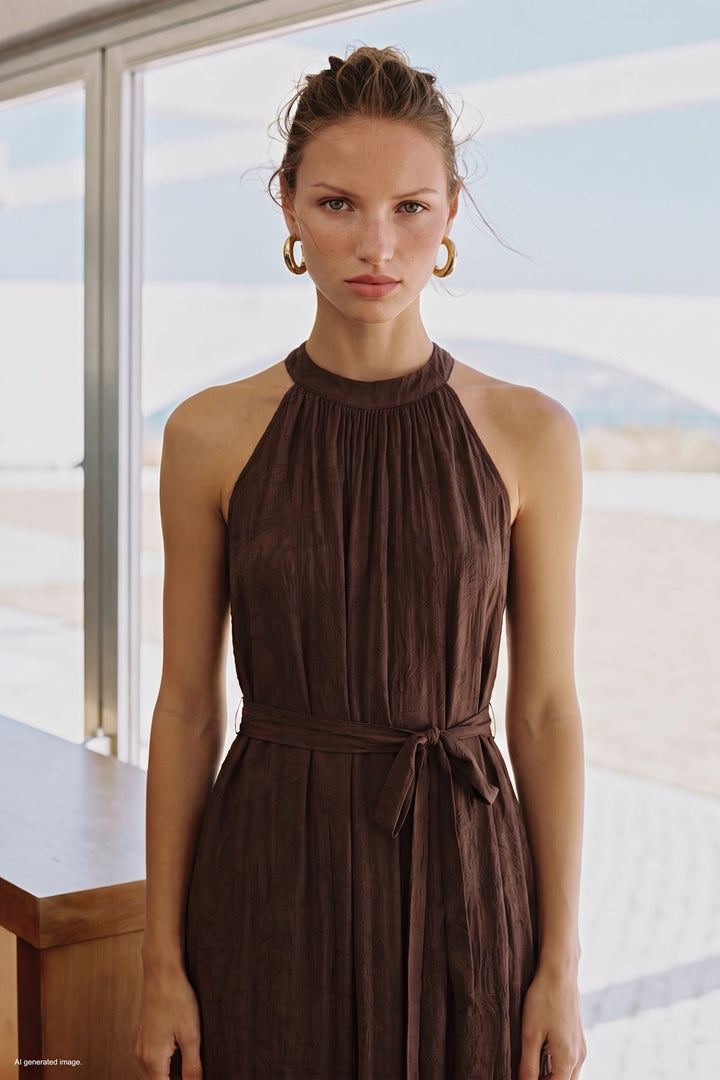 Sateen Robe Ceinturée - Marron