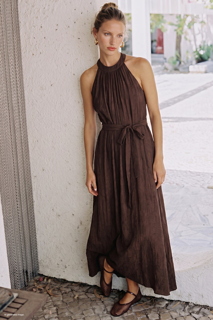 Sateen Robe Ceinturée - Marron
