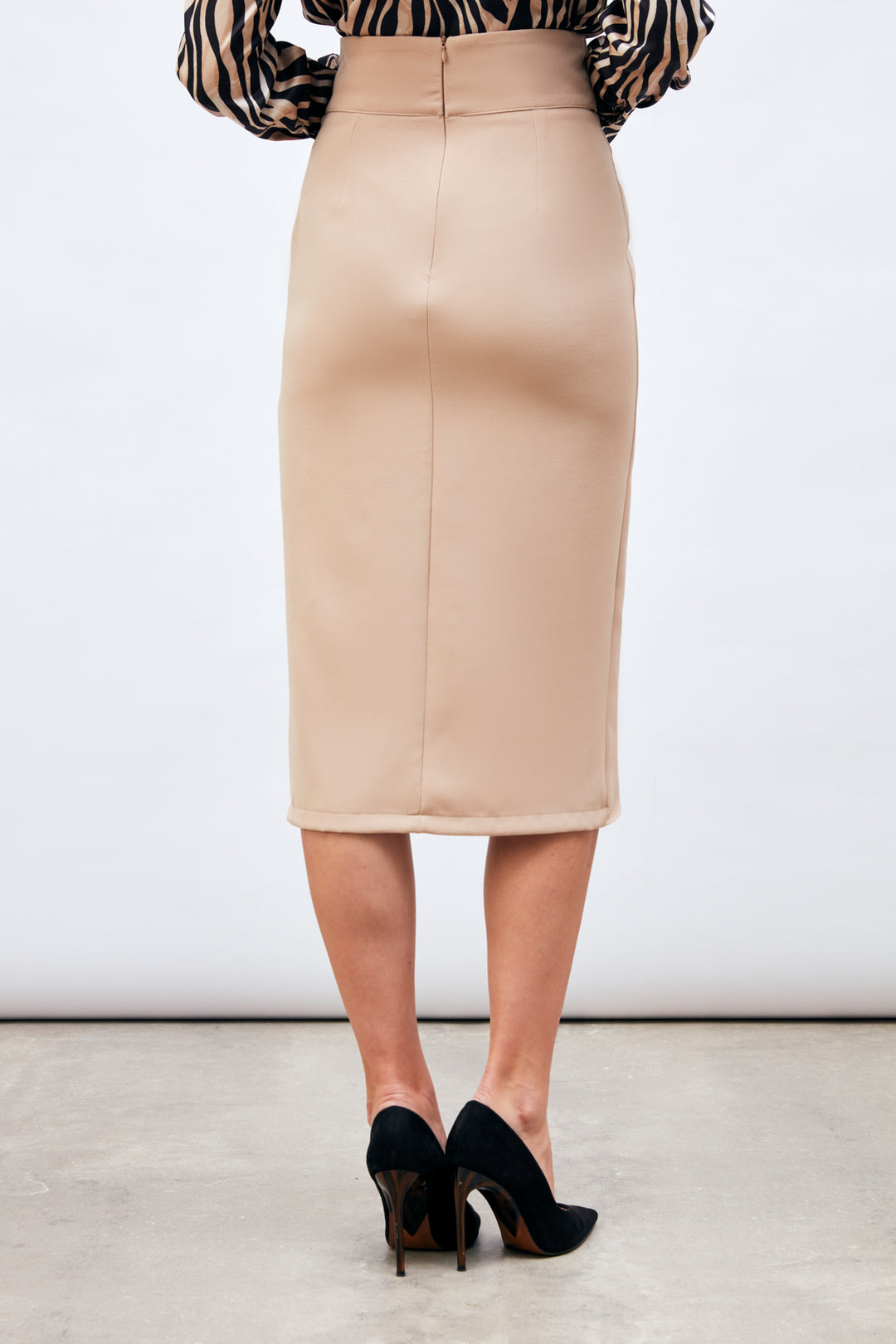 Sateen Jupe Crayon avec Ceinture - Beige