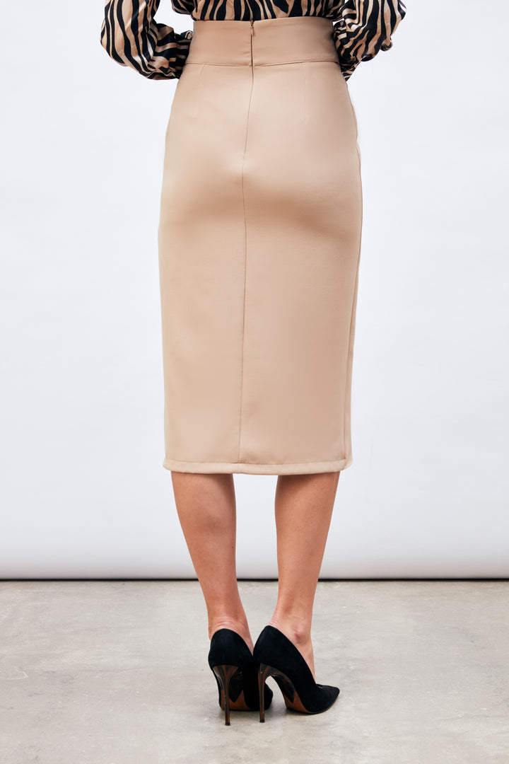 Sateen Jupe Crayon avec Ceinture - Beige