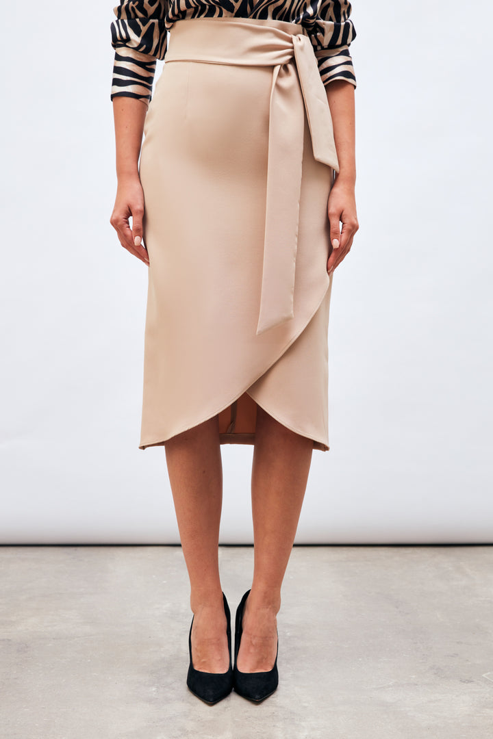 Sateen Jupe Crayon avec Ceinture - Beige