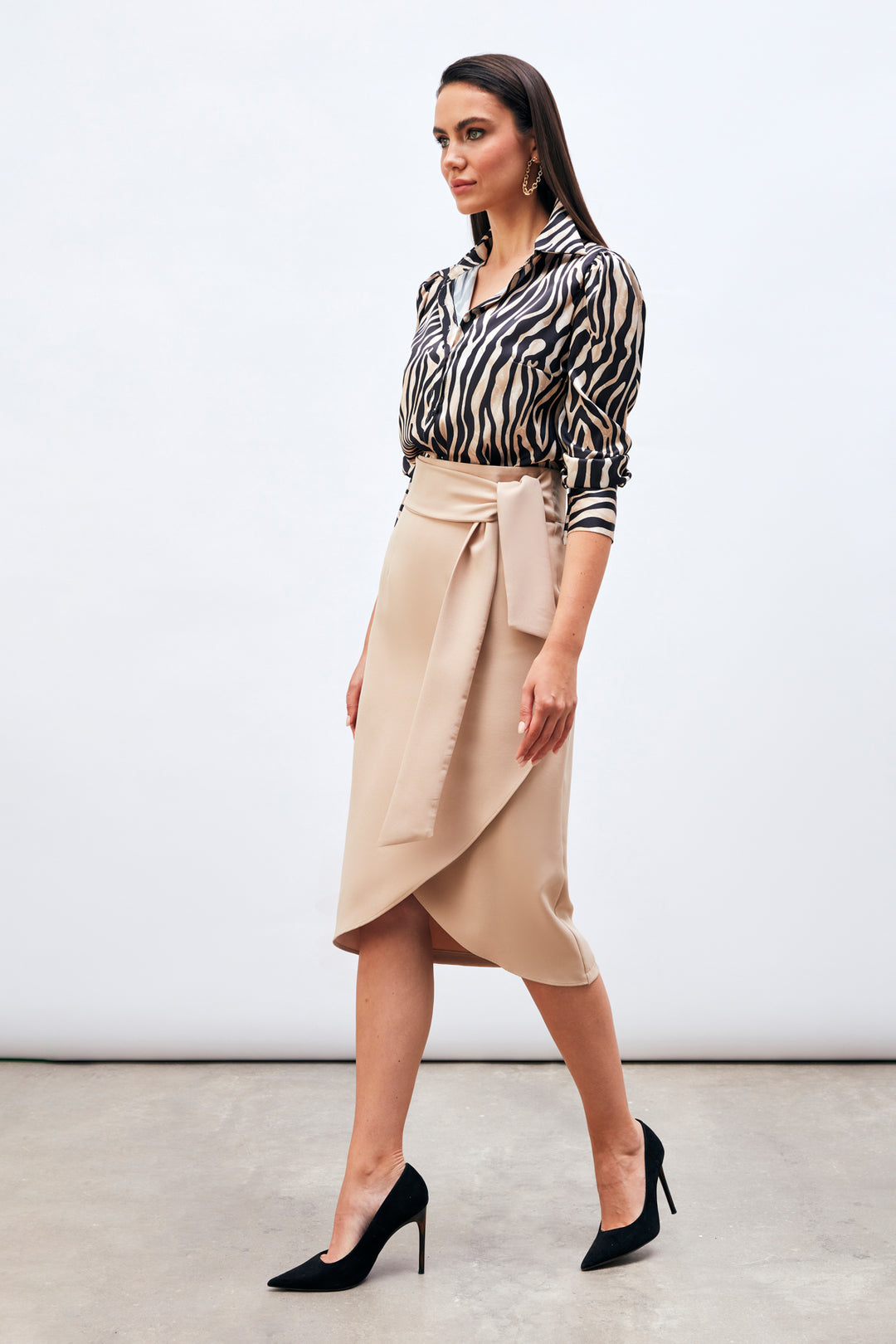 Sateen Jupe Crayon avec Ceinture - Beige
