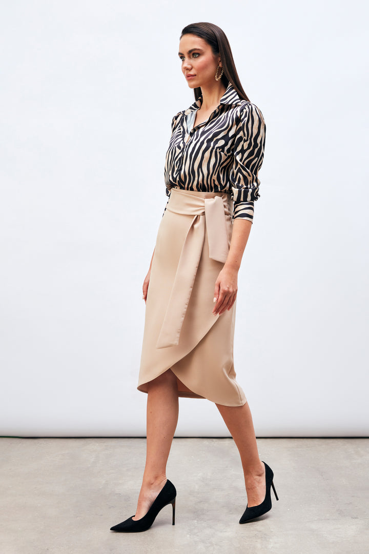 Sateen Jupe Crayon avec Ceinture - Beige