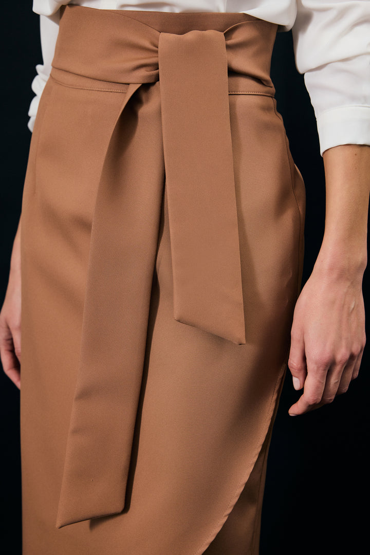 Sateen Jupe Crayon avec Ceinture - camel