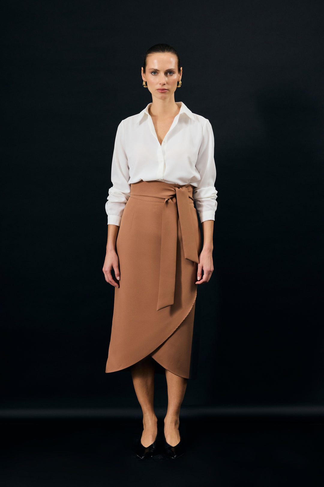 Sateen Jupe Crayon avec Ceinture - camel