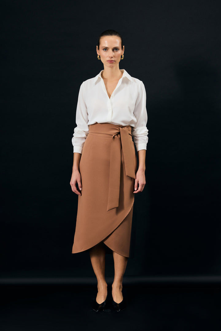 Sateen Jupe Crayon avec Ceinture - camel