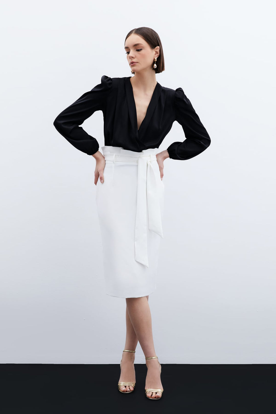 Sateen Jupe Crayon avec Ceinture - Écru
