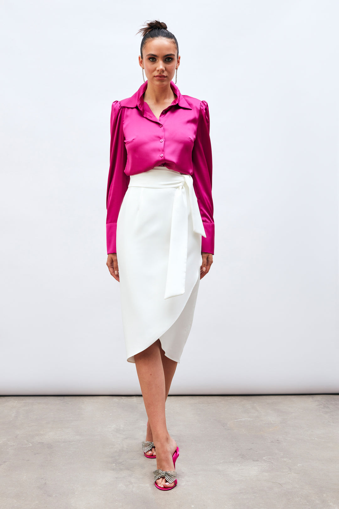 Sateen Jupe Crayon Ceinturée - Écru