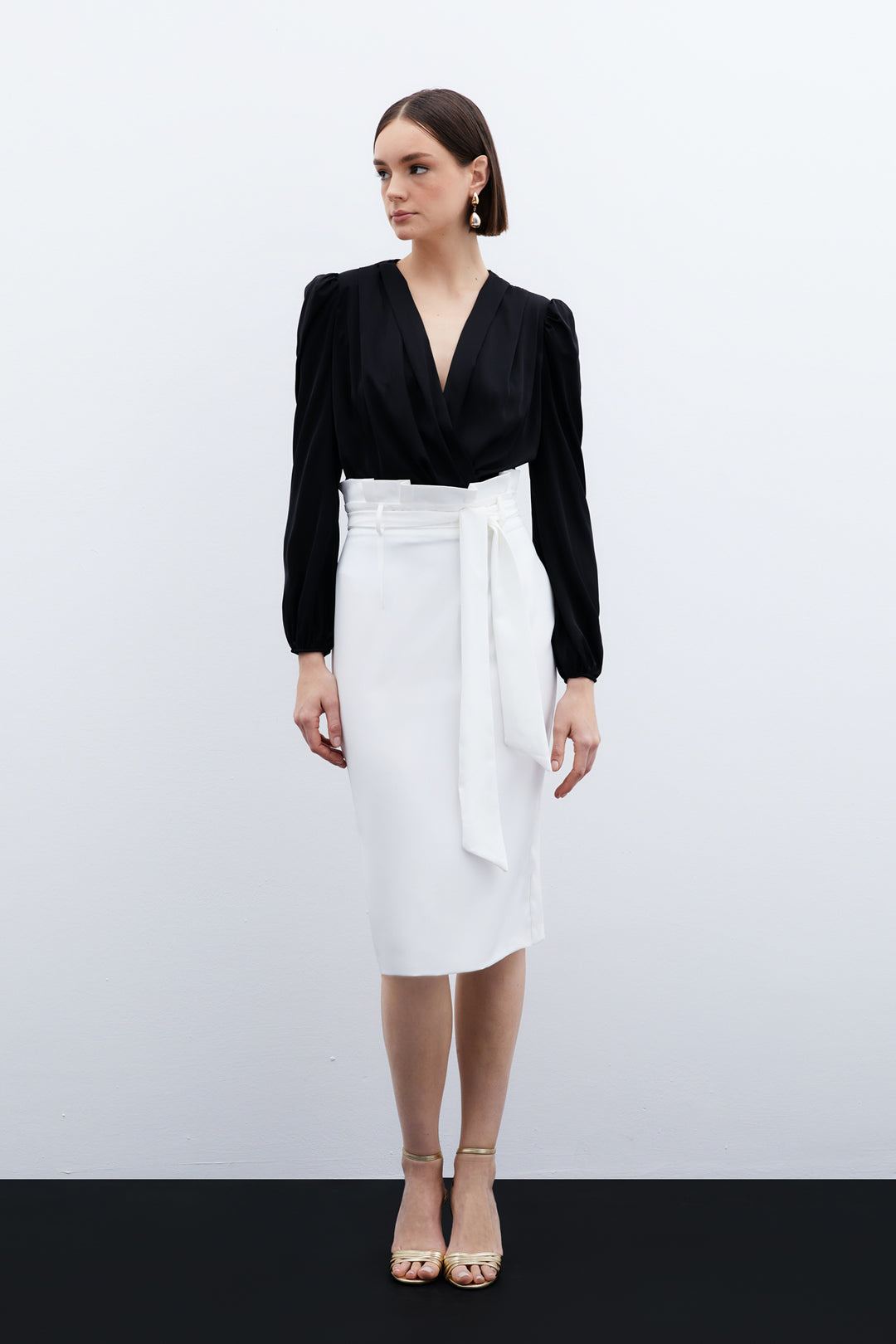 Sateen Jupe Crayon avec Ceinture - Écru