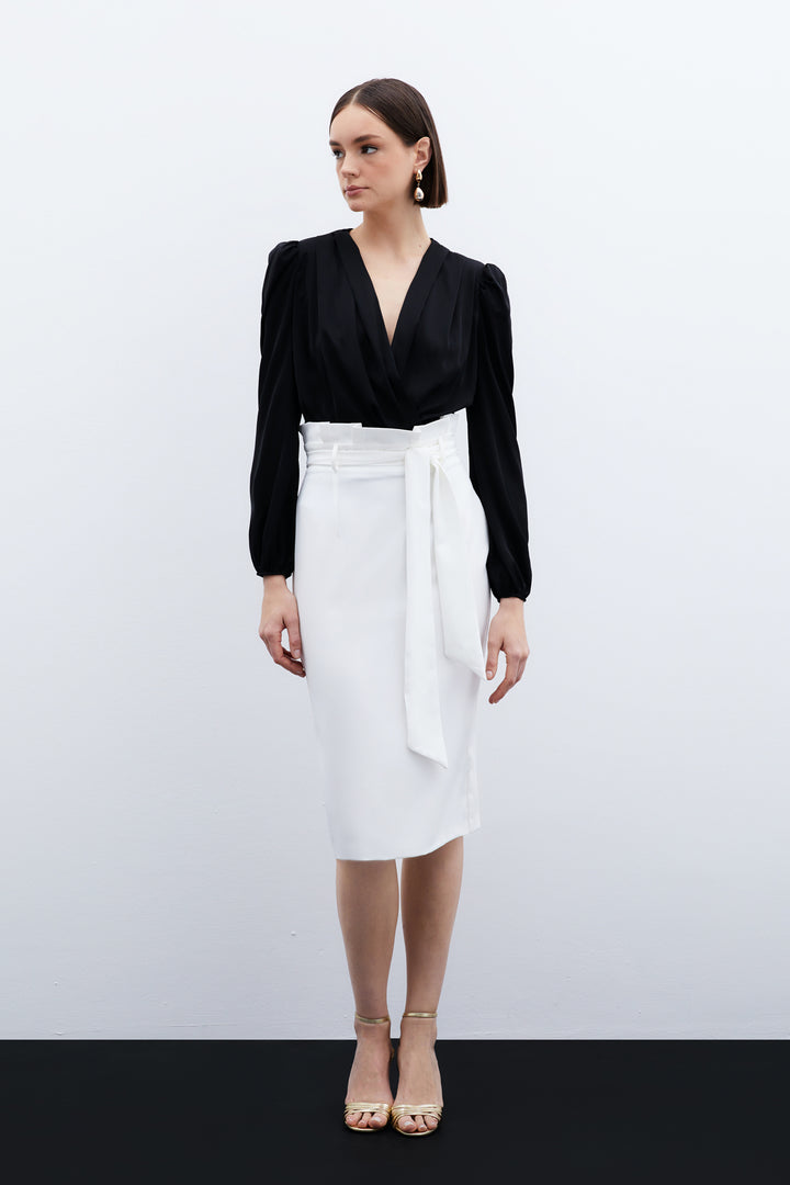 Sateen Jupe Crayon avec Ceinture - Écru
