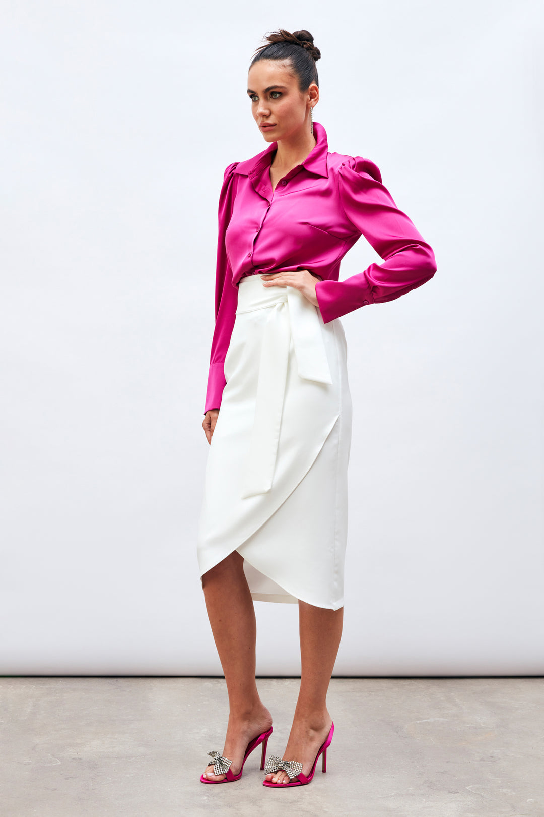 Sateen Jupe Crayon Ceinturée - Écru