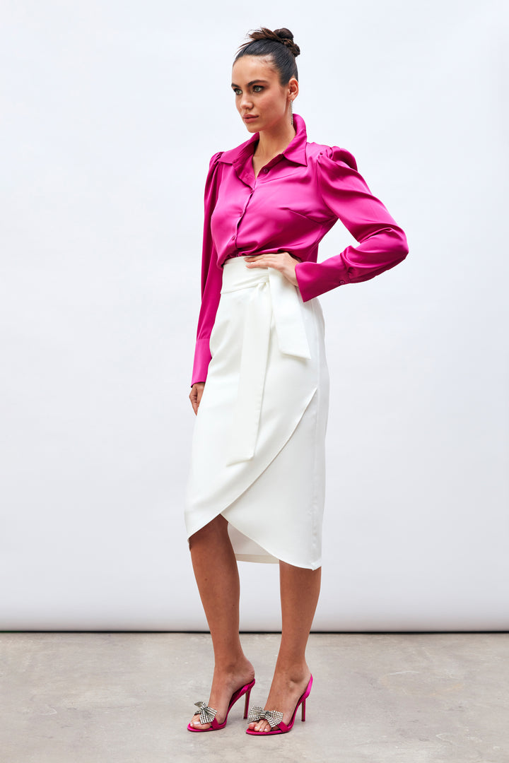 Sateen Jupe Crayon Ceinturée - Écru