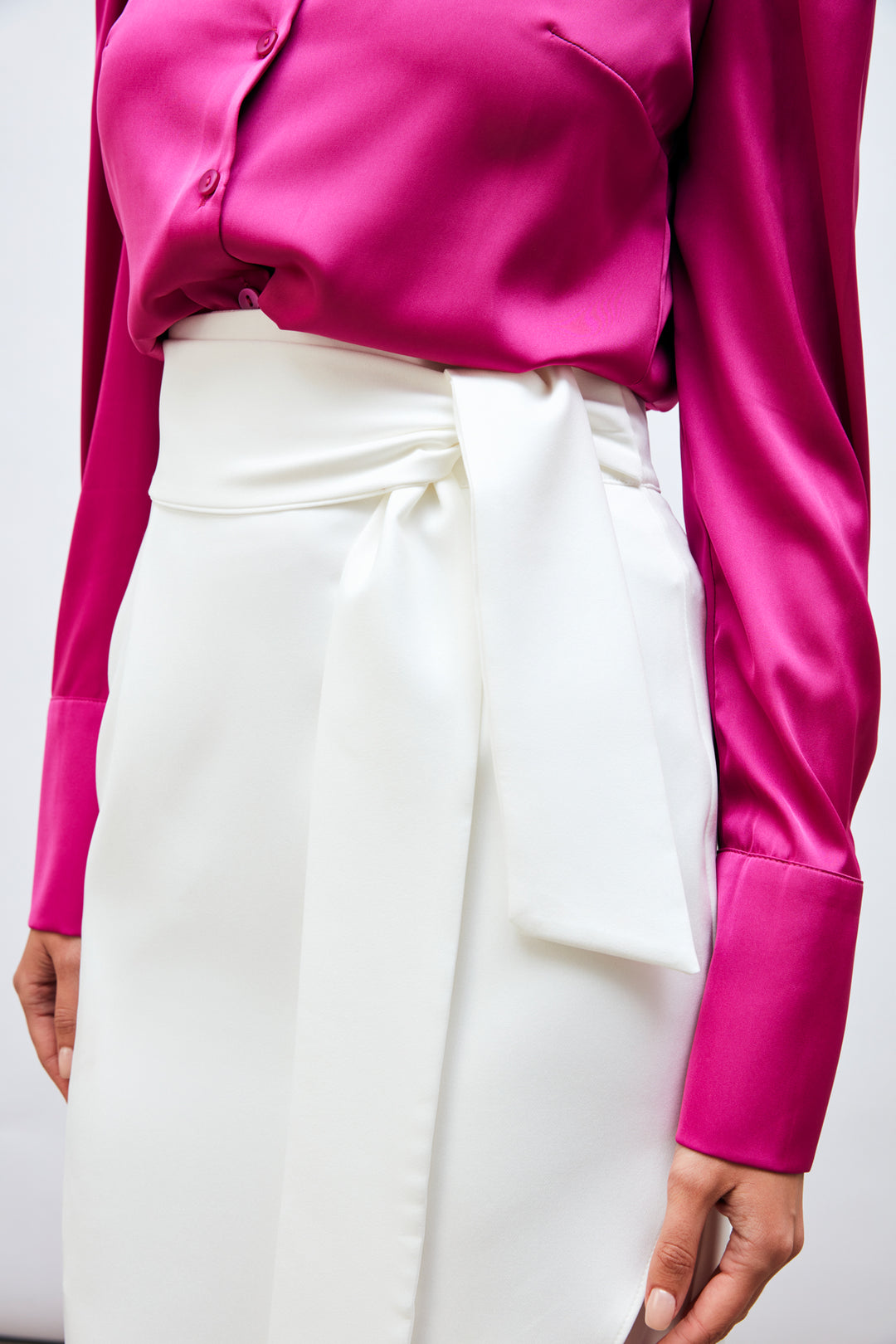 Sateen Jupe Crayon Ceinturée - Écru