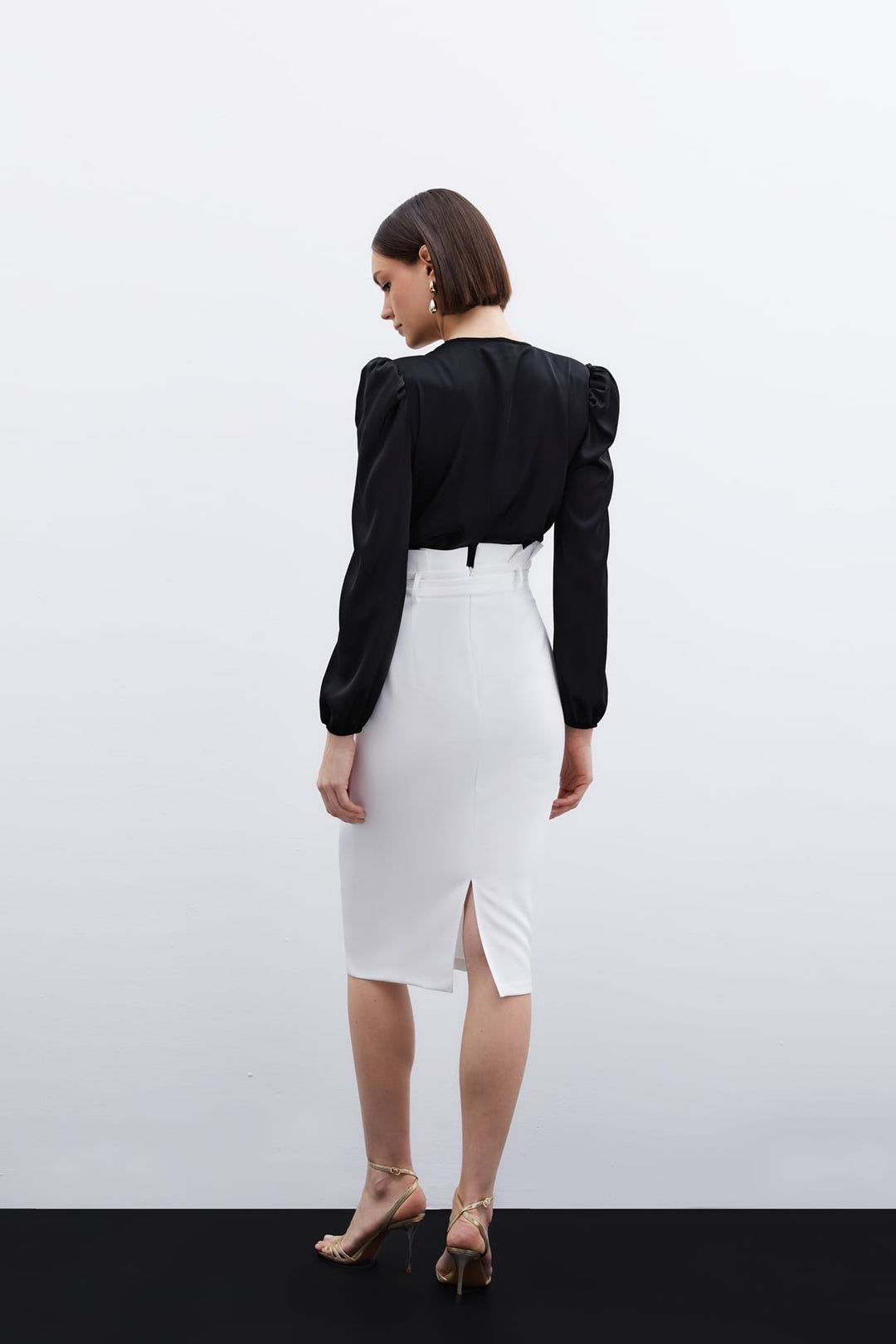 Sateen Jupe Crayon avec Ceinture - Écru